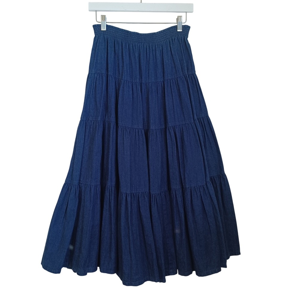 Willowbend Blue Denim Tiered Maxi Skirt Elastic Waist Made in USA Vintage Small
